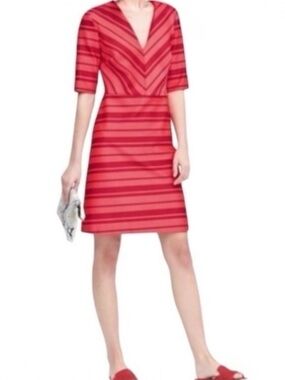 Banana Republic Red & Pink Chevron Stripe V-Neck A-Line 3/4 Sleeve Dress Size 6